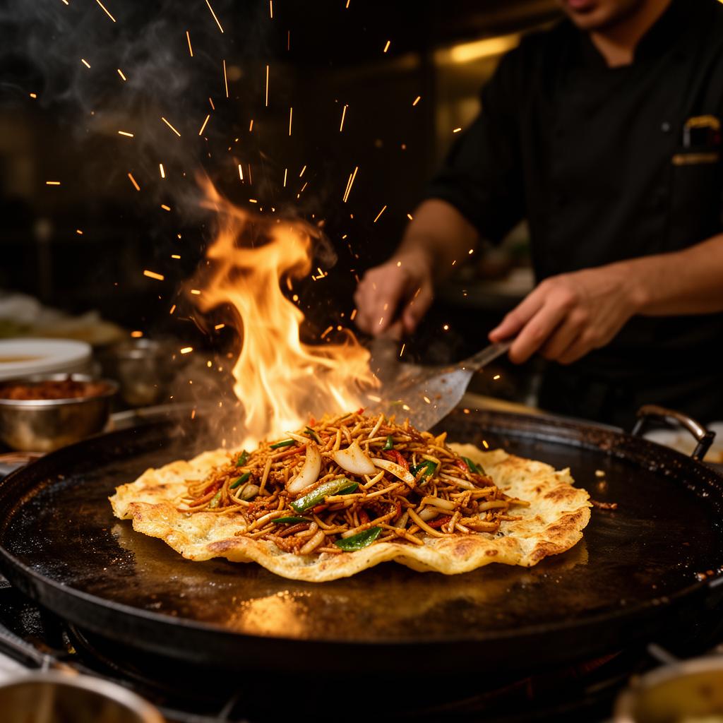 Chef tossing kothu roti with flames